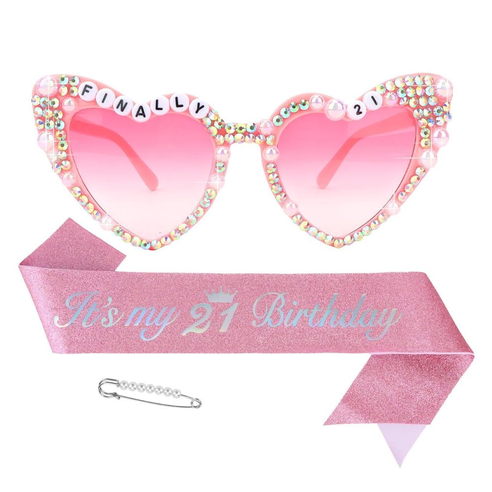7958 21st Pink Birthday Sash and Sunglasses Set Finally 21 Heart Sunglasses